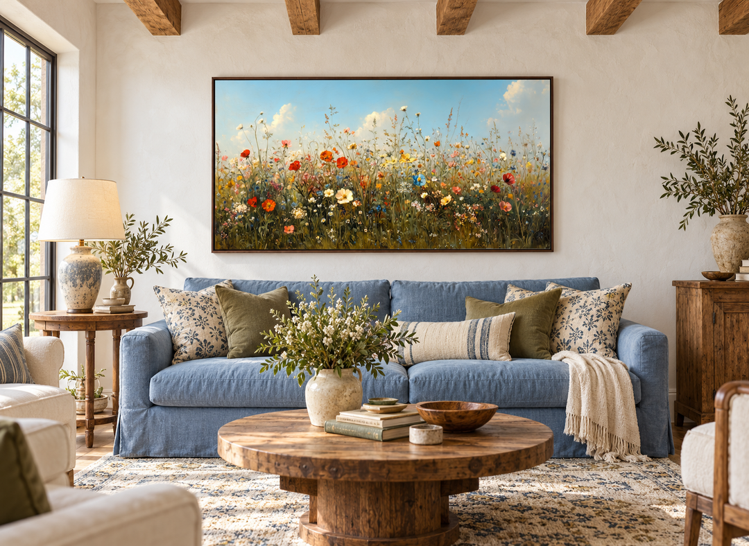 Large framed boho wildflower canvas art above a blue sofa in a rustic farmhouse living room.