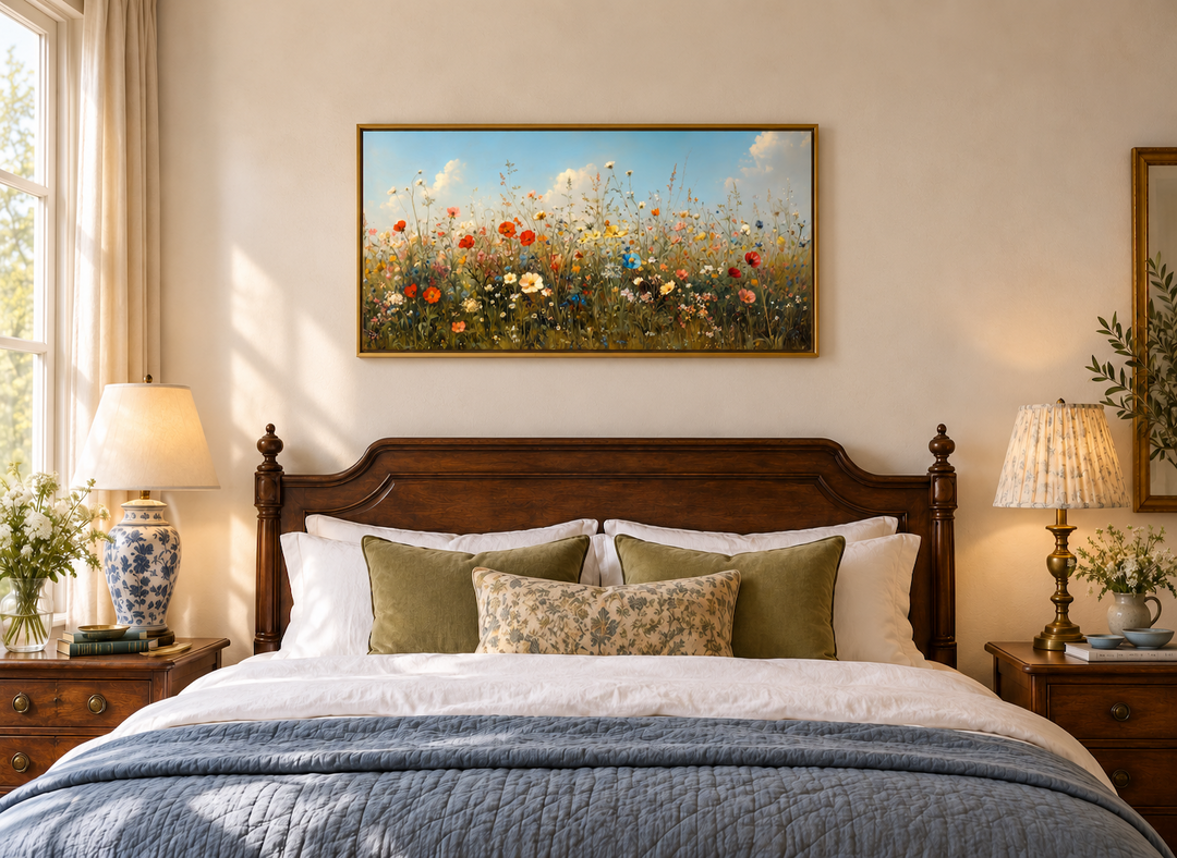 Large framed canvas art of a wildflower field hanging above a wooden bed in a rustic bedroom.