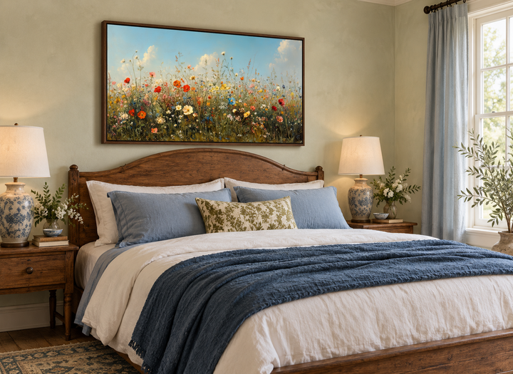 Large framed canvas art of a wildflower field above a bed in a rustic farmhouse bedroom.