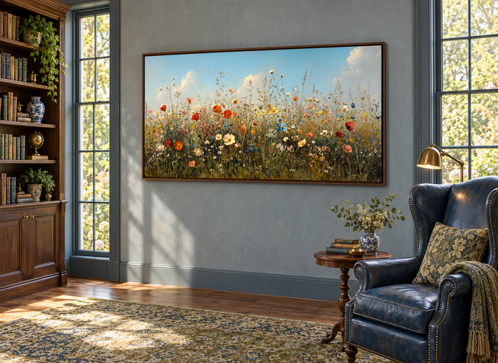 Large framed canvas art of a colorful wildflower field in a rustic living room with a blue chair.