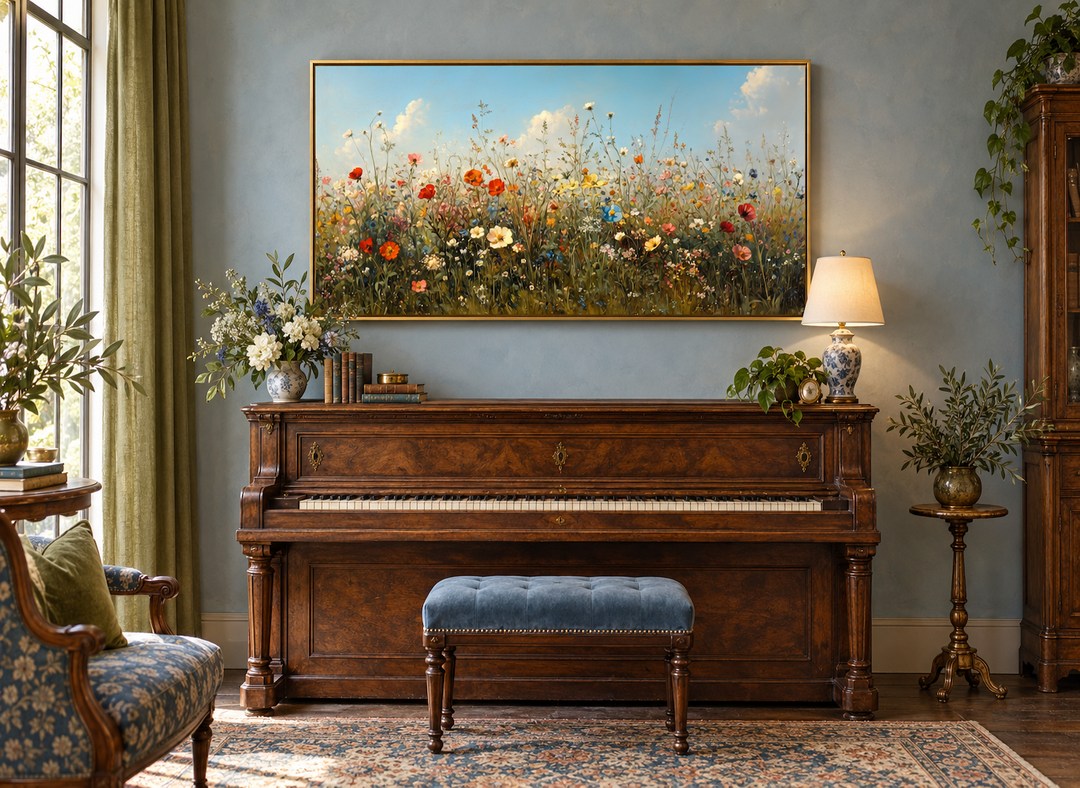 Large framed canvas art of a wildflower field hanging above a vintage wooden piano in a room.