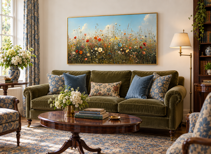 Large framed canvas art of a wildflower field above a green velvet sofa in a rustic living room.