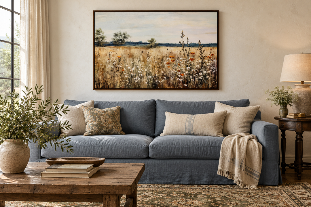 Wildflowers field vintage farmhouse framed canvas wall art hanging above a blue sofa.