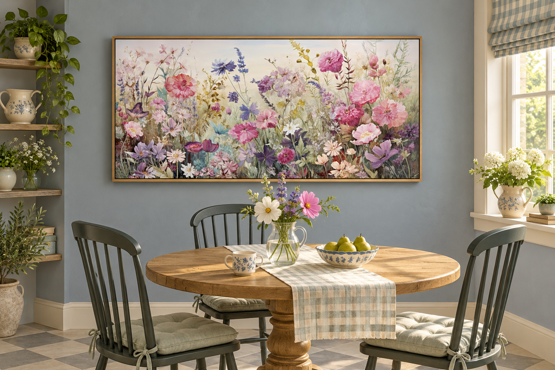 Pink and purple wildflower meadow canvas wall art in a rustic oak frame above a dining table.