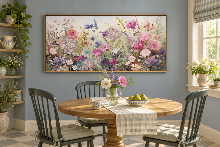 Pink and purple wildflower meadow canvas wall art in a rustic oak frame above a dining table.