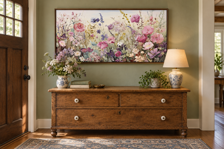 Pink and purple wildflower meadow framed canvas wall art above a rustic wooden dresser.