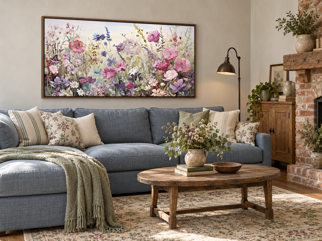 Rustic framed canvas wall art featuring a vibrant pink, purple, and grey wildflower meadow.