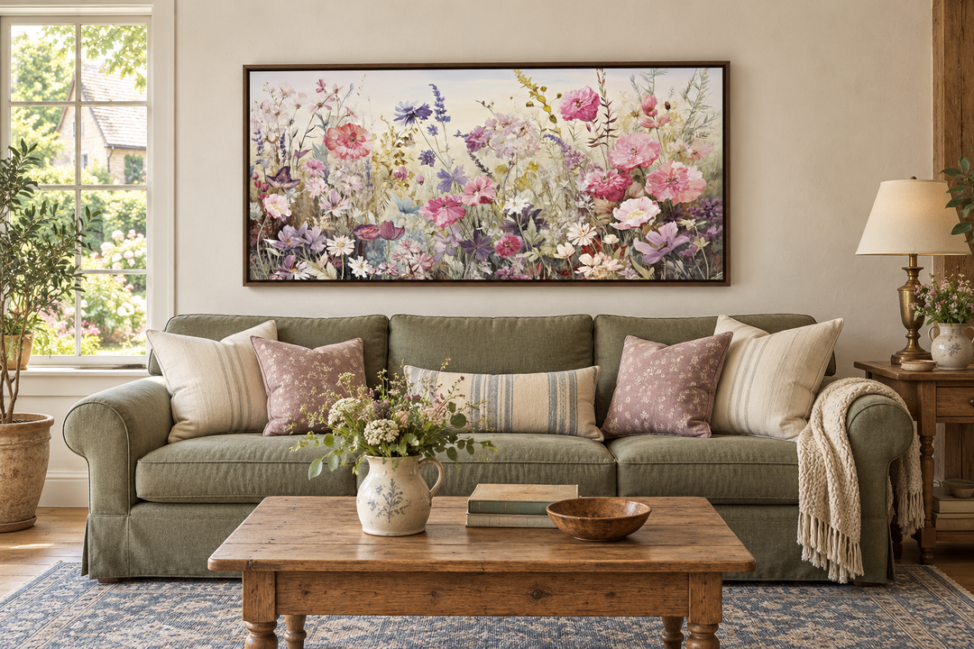 Pink and purple wildflower meadow framed canvas wall art above a green sofa in a rustic living room.