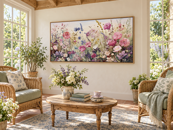 Pink and purple wildflower meadow framed canvas wall art in a rustic sunroom setting.