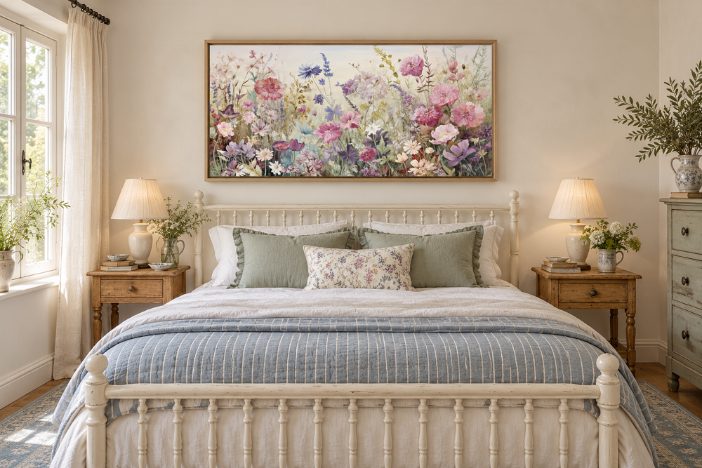Rustic framed canvas wall art featuring a pink and purple wildflower meadow above a bed.