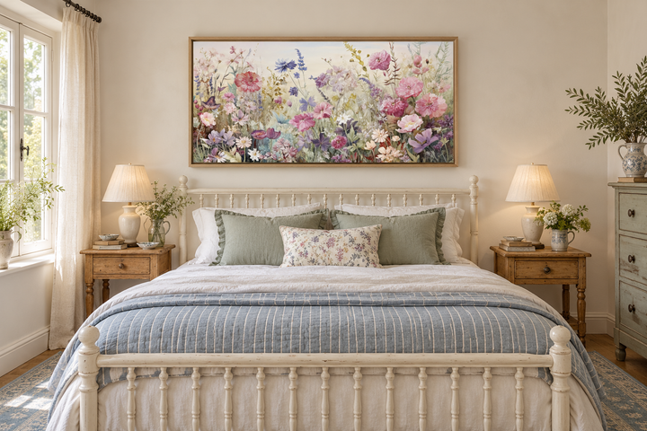 Rustic framed canvas wall art featuring a pink and purple wildflower meadow above a bed.