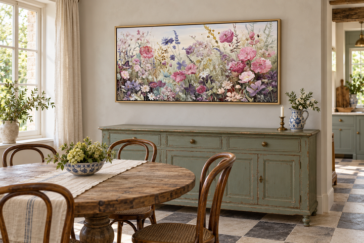 Rustic framed canvas wall art featuring a meadow of pink, purple, and grey wildflowers.