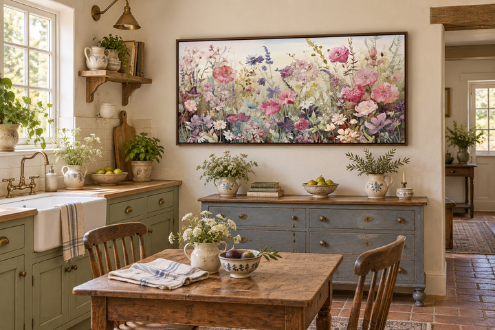 Pink and purple wildflower meadow framed canvas wall art in a rustic farmhouse kitchen.