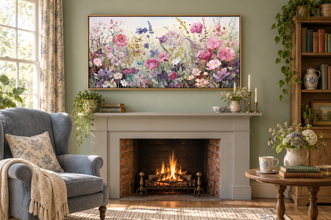 Pink and purple wildflower meadow canvas wall art in a gold frame above a cozy fireplace.