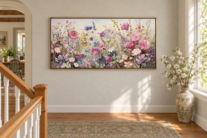 Pink, purple, and grey wildflowers meadow painting in a gold frame on a neutral wall.