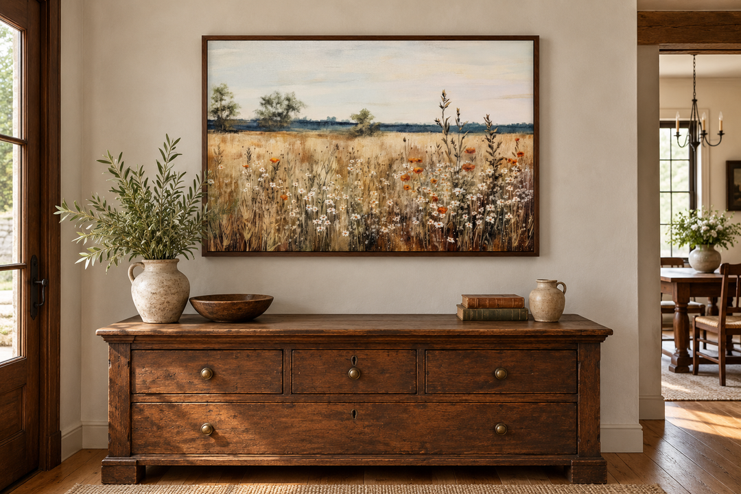 Wildflowers field vintage farmhouse framed canvas wall art above a rustic wooden dresser.