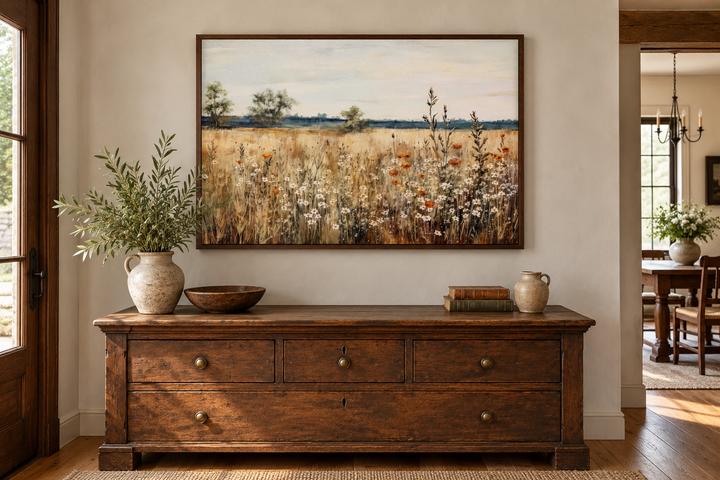 Wildflowers field vintage farmhouse framed canvas wall art above a rustic wooden dresser.