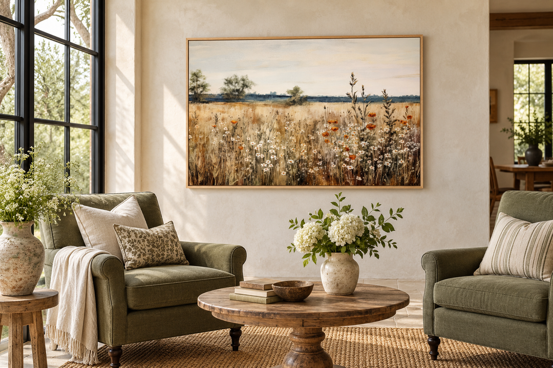 Wildflowers Field Vintage Farmhouse Framed Canvas Wall Art hanging in a rustic living room.