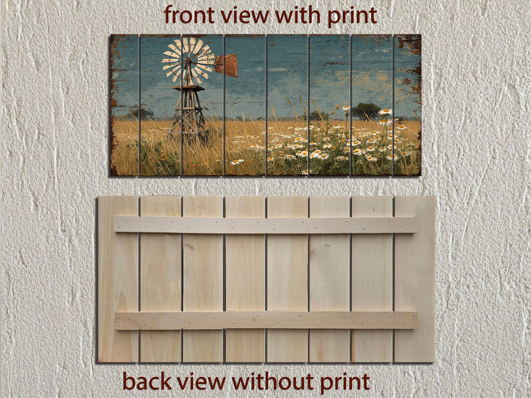 Front and back views of a windmill and wildflowers print on distressed vertical wood planks.