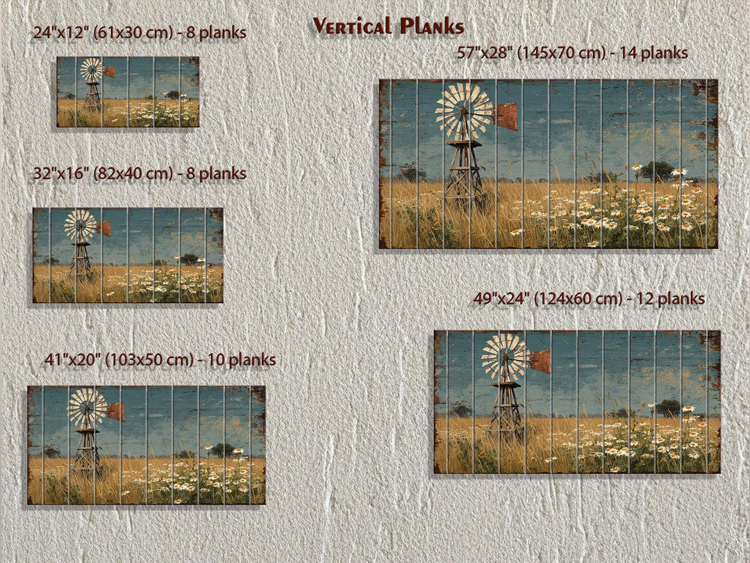 Five sizes of vertical plank wood wall art featuring a windmill and wildflowers in a field.