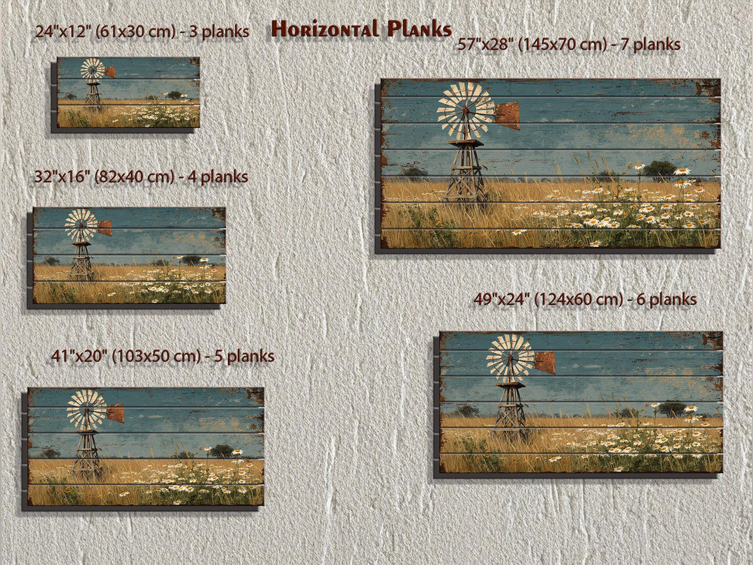 Five sizes of horizontal wood plank wall art featuring a windmill and wildflowers in a field.