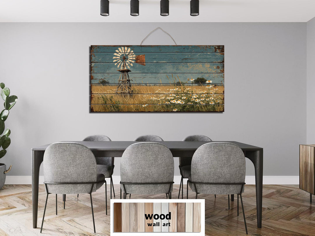 Windmill and wildflowers distressed wood wall art hanging in a modern farmhouse dining room.