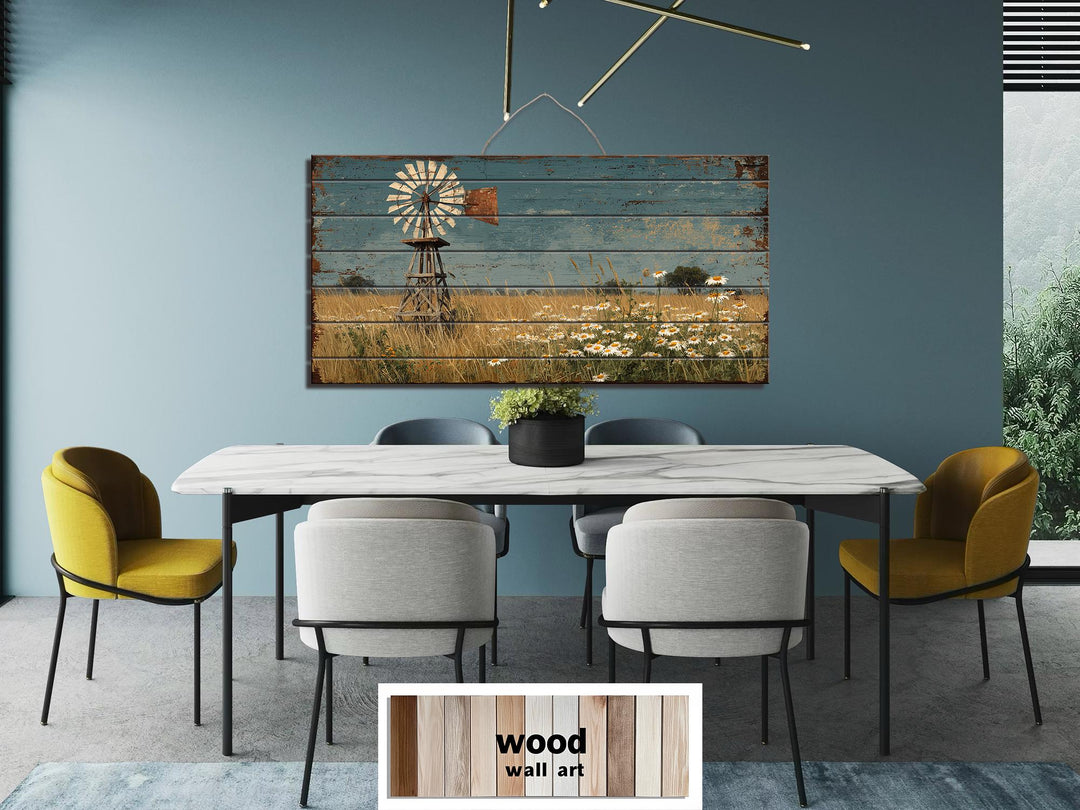 A horizontal wood wall art piece featuring a rustic windmill and wildflowers in a field.