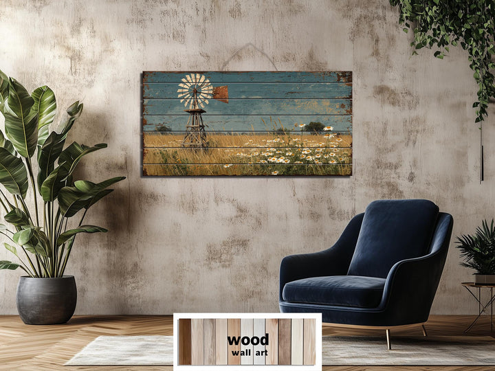 Horizontal wood wall art featuring a distressed windmill and wildflower field in a rustic room.