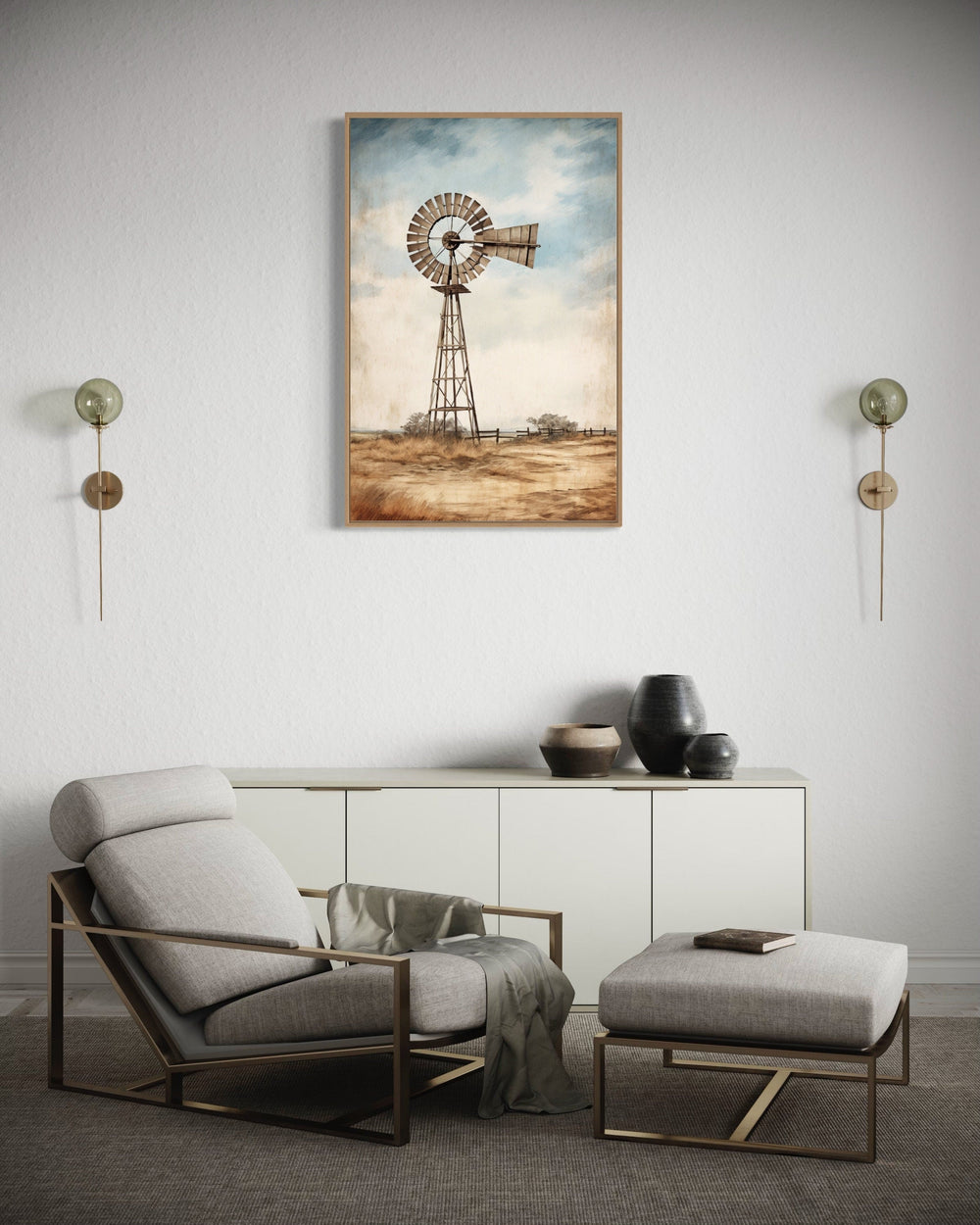 Framed windmill painting on canvas wall art.