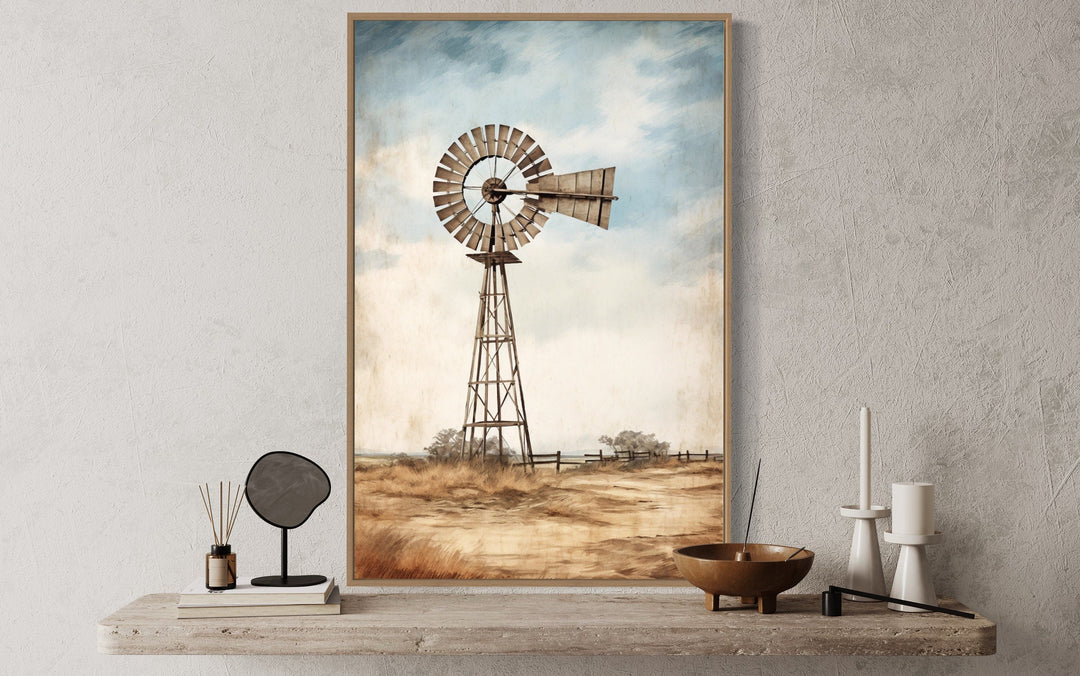 Framed canvas wall art featuring a rustic windmill in a landscape.