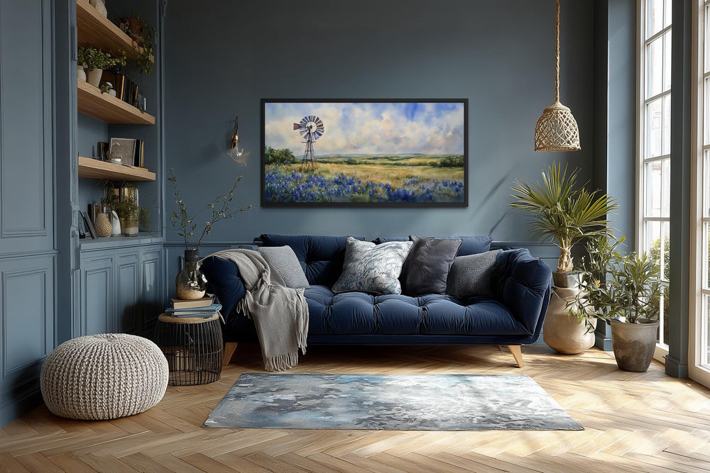 Windmill over Texas Bluebonnets Landscape Canvas Wall Art