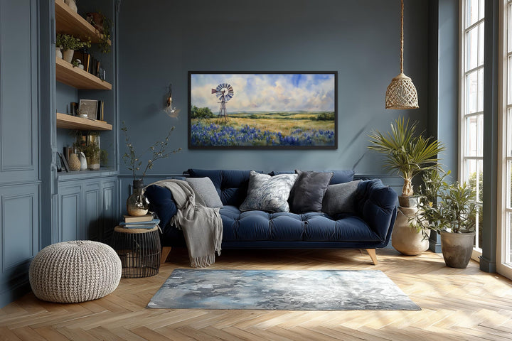 Windmill over Texas Bluebonnets Landscape Canvas Wall Art