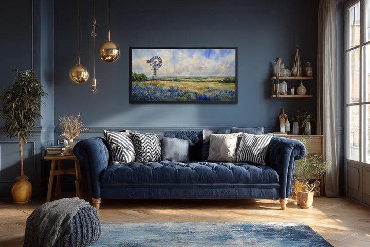 Windmill over Texas Bluebonnets Landscape Canvas Wall Art