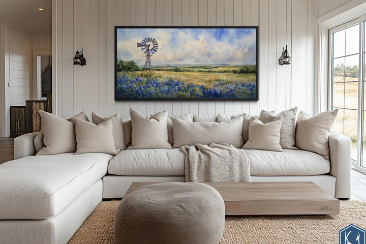 Windmill over Texas Bluebonnets Landscape Canvas Wall Art