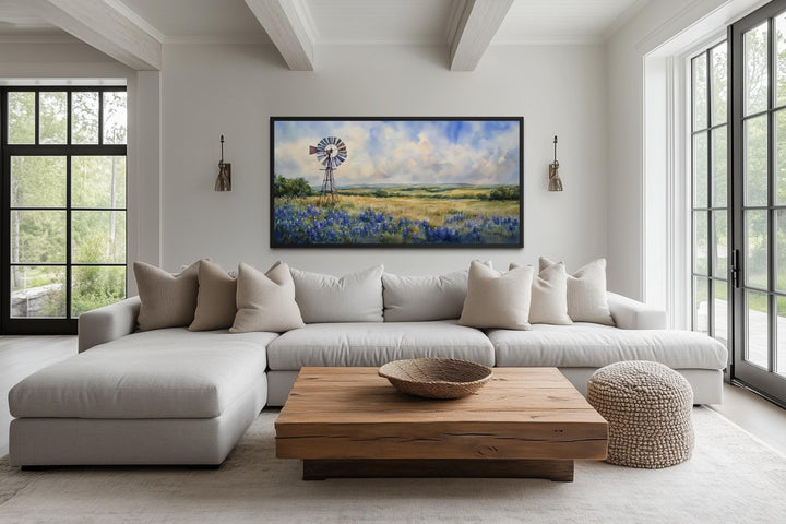 Windmill over Texas Bluebonnets Landscape Canvas Wall Art