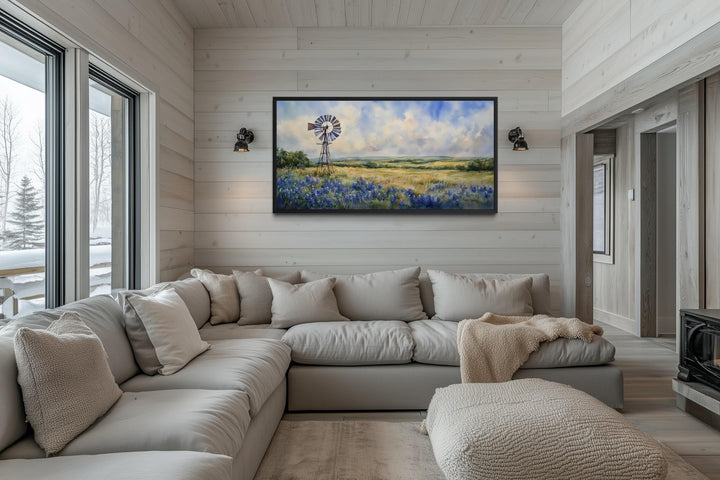 Windmill over Texas Bluebonnets Landscape Canvas Wall Art