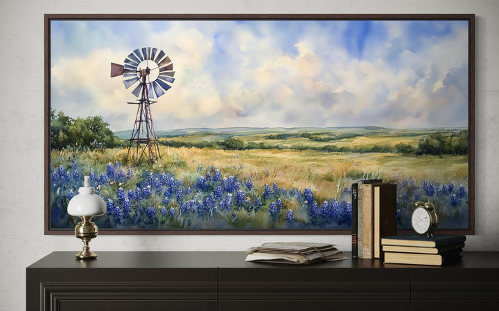 Windmill over Texas Bluebonnets Landscape Canvas Wall Art
