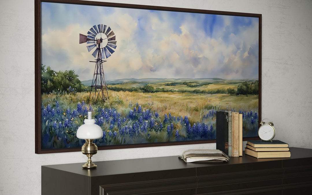 Windmill over Texas Bluebonnets Landscape Canvas Wall Art