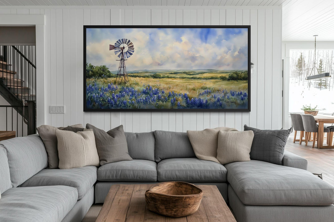 Windmill over Texas Bluebonnets Landscape Canvas Wall Art