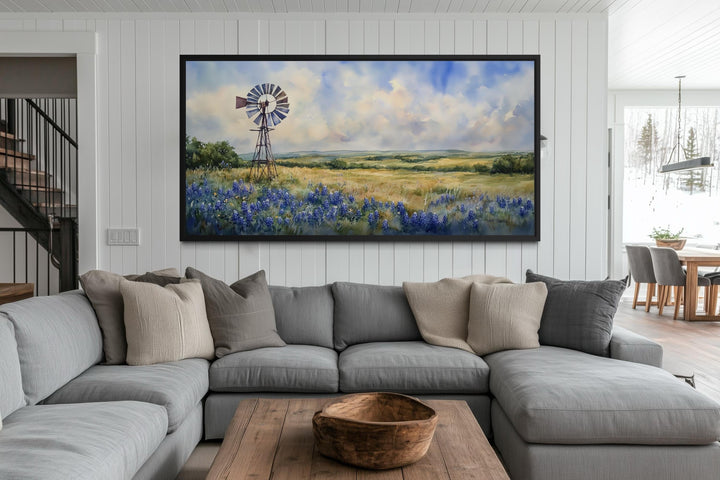 Windmill over Texas Bluebonnets Landscape Canvas Wall Art