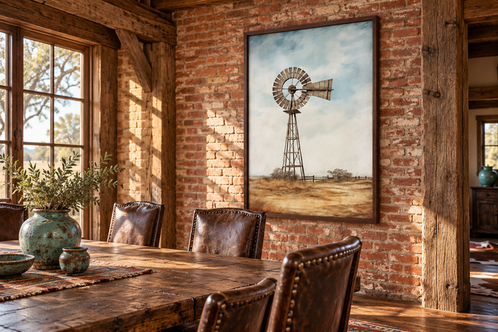 Framed windmill canvas wall art on a brick wall in a rustic farmhouse dining room.