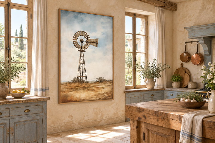 Framed windmill canvas wall art in a rustic farmhouse kitchen with wooden accents and soft tones.