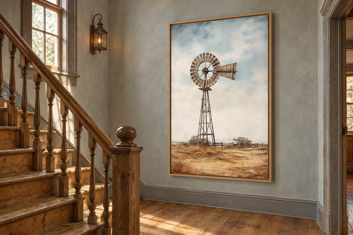 Framed windmill canvas wall art on a blue wall next to a wooden staircase in a farmhouse interior.