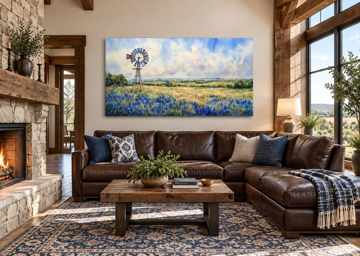 Panoramic canvas art of a windmill over a field of bluebonnets in a rustic living room.