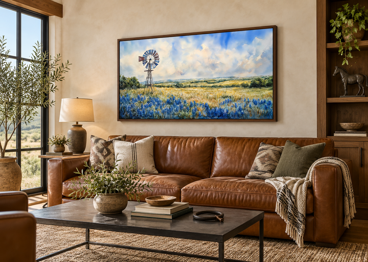 Panoramic canvas art of a windmill over a bluebonnet field above a brown leather sofa.