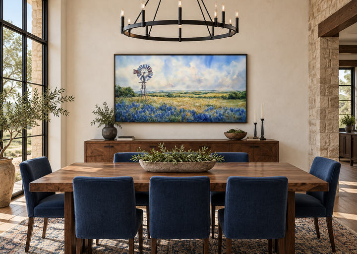 Panoramic canvas art of a windmill over a field of bluebonnets in a rustic dining room.