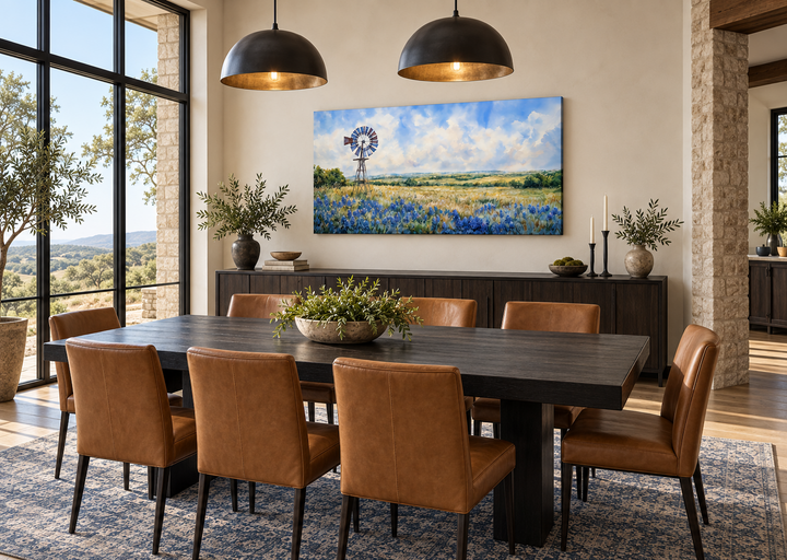 Panoramic canvas wall art of a windmill over a field of bluebonnets in a modern dining room.