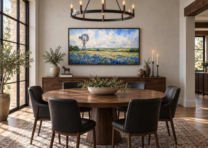 Panoramic canvas wall art of a windmill over a field of bluebonnets in a rustic dining room.