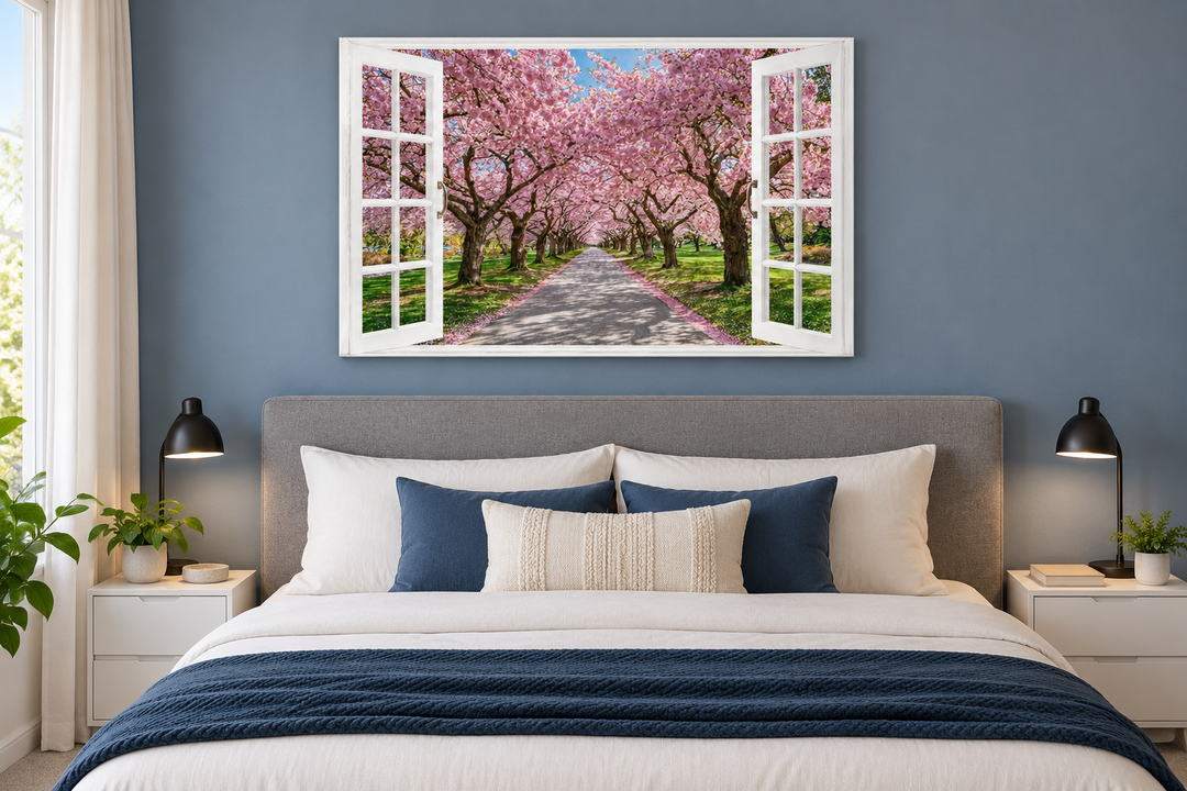 Cherry blossom window view wall art above a bed in a modern blue-gray bedroom.