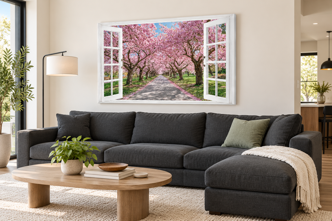 Cherry blossom window view wall art above a charcoal sectional sofa in a modern living room.